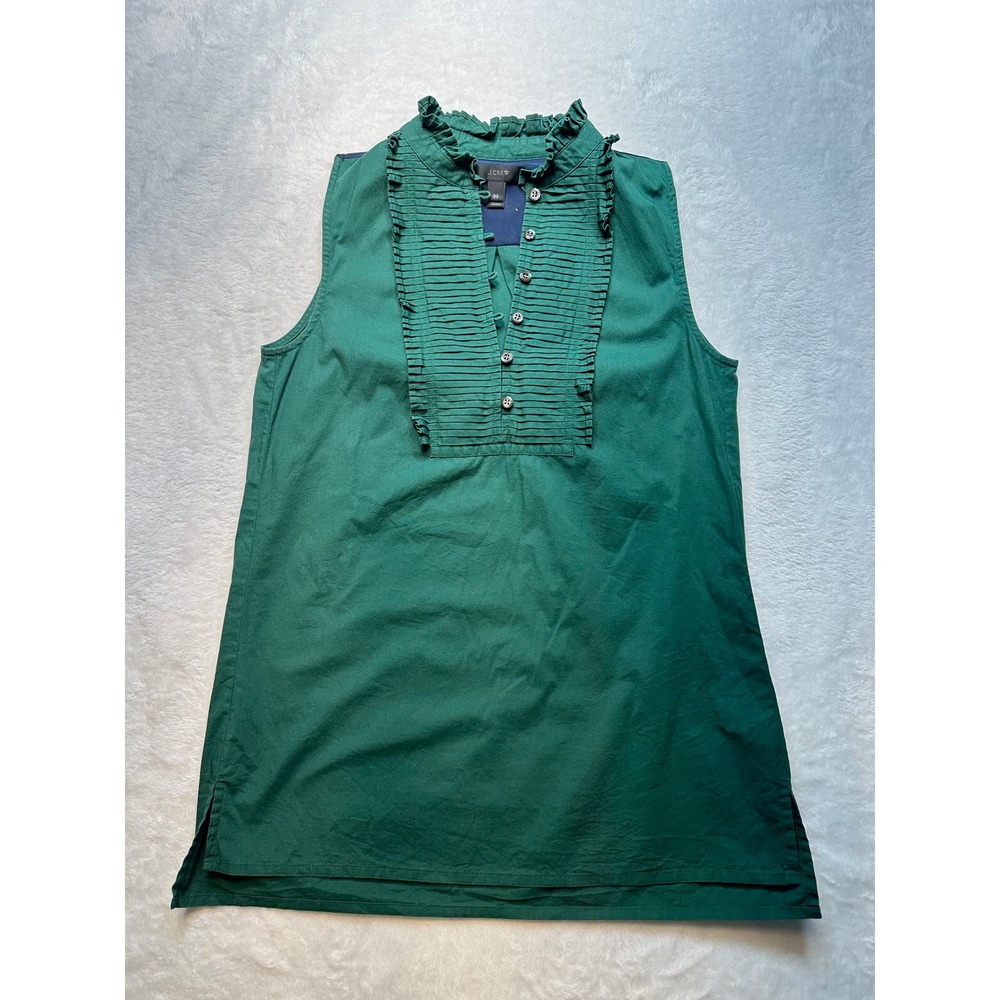 J.Crew Green Ruffle Tuxedo Bib Sleeveless Blouse Navy Back Yoke Size 00 - 219